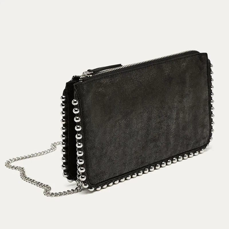 Matte Leather Lady Shoulder Bag with Chains Beading Women Crossbody Bags