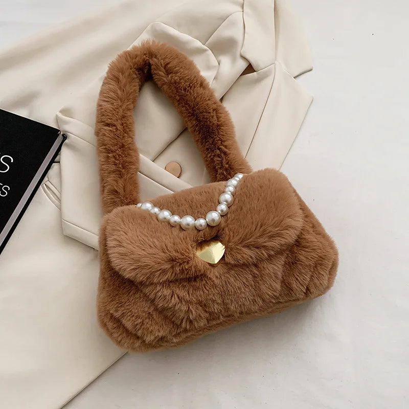 Soft Plush Women Shoulder Bag Faux Fur Small Tote Warm Winter Purse