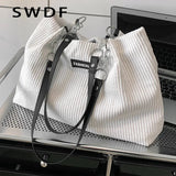Large Capacity Canvas Handbag Zipper Shoulder Bag Corduroy Tote