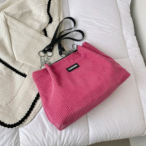 Large Capacity Canvas Handbag Zipper Shoulder Bag Corduroy Tote