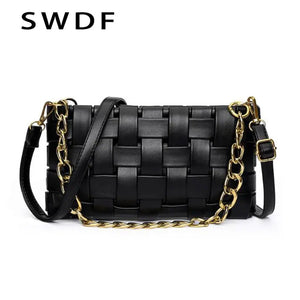 Woven Handbags PU Leather Chain Shoulder Bag Solid Ladies Messenger Bags