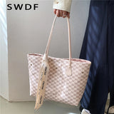 Plaid Tote Shoulder Bag for Women Large Capacity Work Ladies Handbag Beige