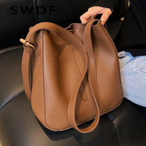 SWDF Solid Bucket Bags for Women Winter Handbag Shoulder Bag