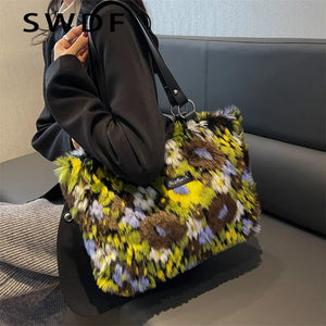 Vintage Faux Fur Totes Handbags Purses Women Shoulder Bags