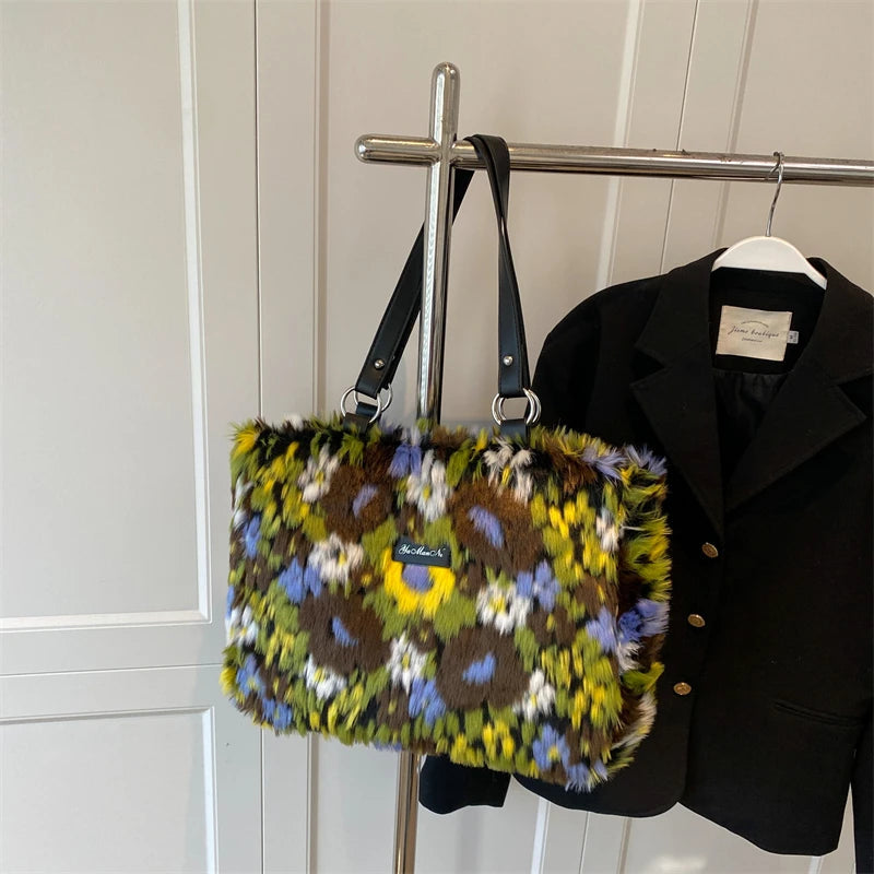 Vintage Faux Fur Totes Handbags Purses Women Shoulder Bags