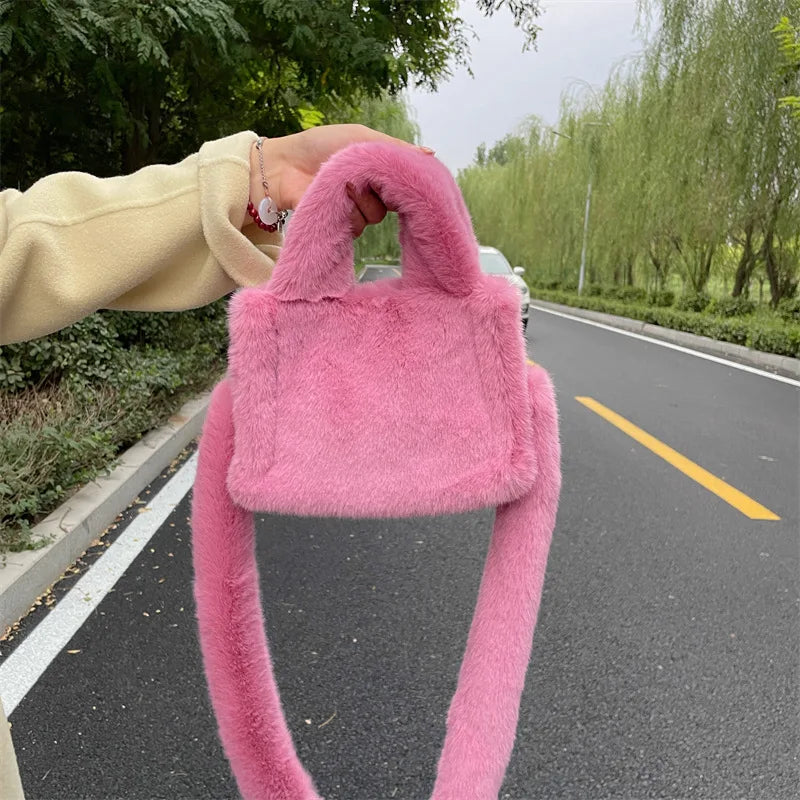 Winter Soft Plush Shoulder Bags Faux Furry Ladies Tote Purse Handbags