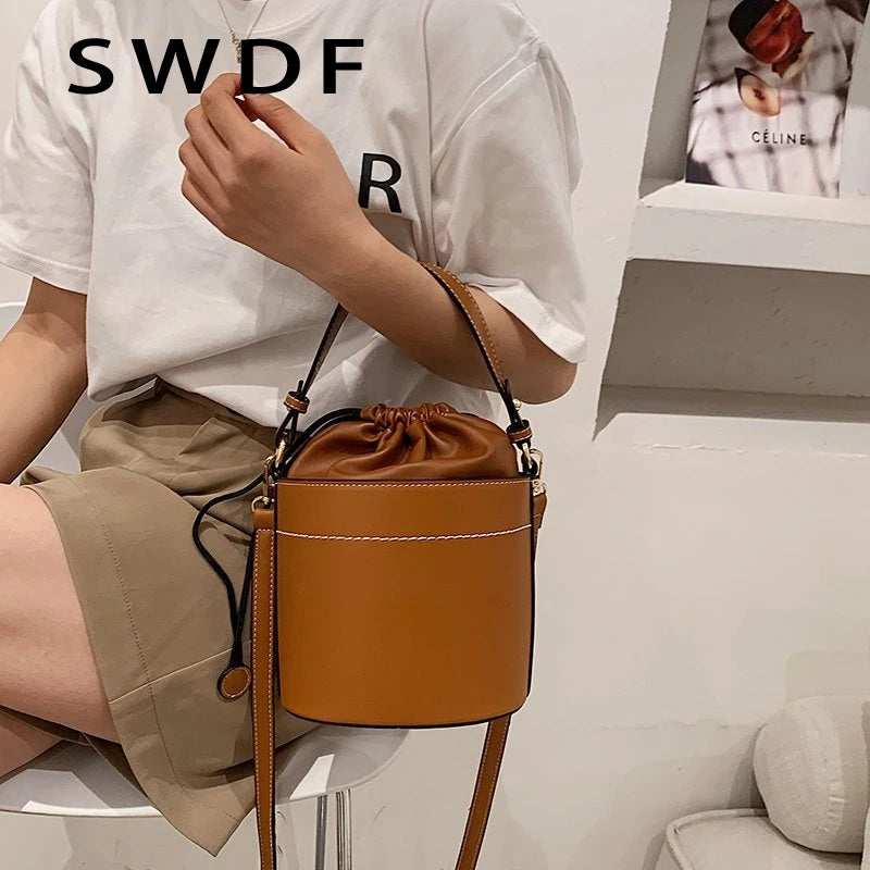 Vintage Brown Leather Messenger Bags Bucket Bag Crossbody Shoulder Handbag