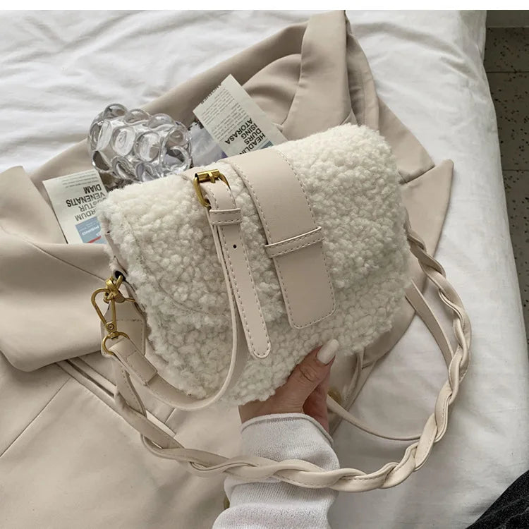 Plush Shoulder Bag Weave Shoulder Strap Messenger Bag