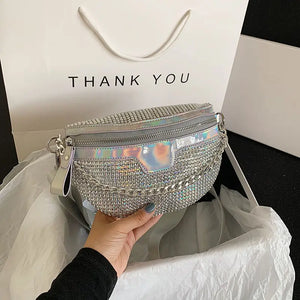 Colorful Rhinestone Saddle Bag PU Leather Shoulder Handbag for Women
