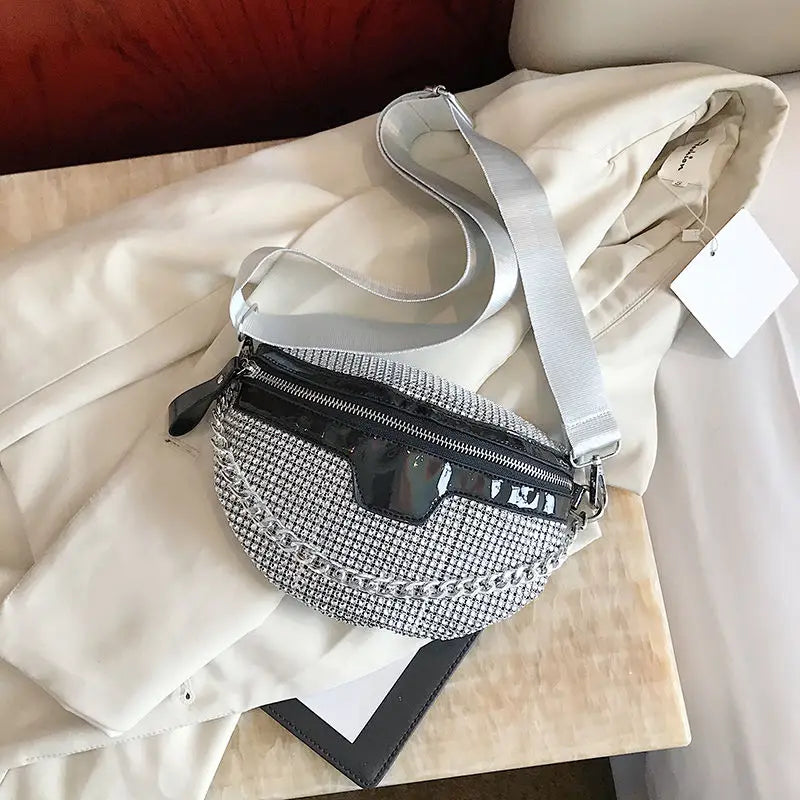 Colorful Rhinestone Saddle Bag PU Leather Shoulder Handbag for Women