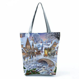 Santa Claus Women Gift Tree Printed Handbags Christmas Girl Tote Eco