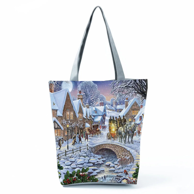 Santa Claus Women Gift Tree Printed Handbags Christmas Girl Tote Eco