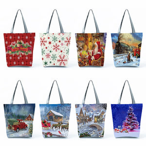 Santa Claus Women Gift Tree Printed Handbags Christmas Girl Tote Eco