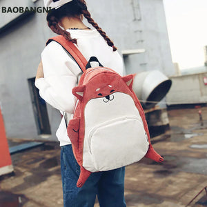 Corduroy Animal Fox and Dog Shape School Backpack for Teenagers Girls