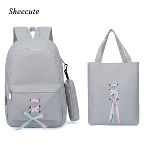 Teen Girls Canvas School Backpack Set Lace Shoulder Bag High Capacity 3 Pcs