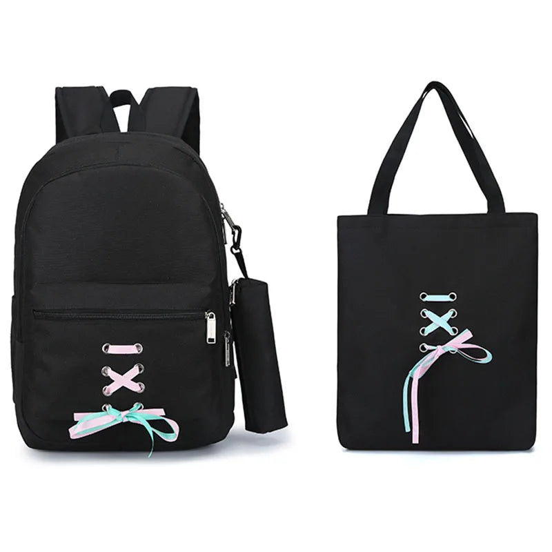 Teen Girls Canvas School Backpack Set Lace Shoulder Bag High Capacity 3 Pcs