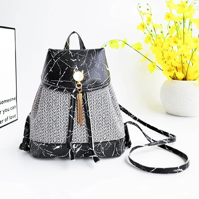 Women's Woven Drawstring Backpack Large Capacity Travel Bag
