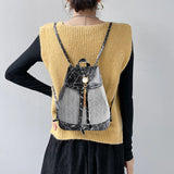 Women's Woven Drawstring Backpack Large Capacity Travel Bag