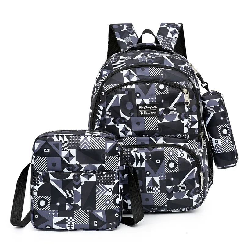 Teen Girls Boys School Backpack Set Large Capacity Geometry Printing Rucksack