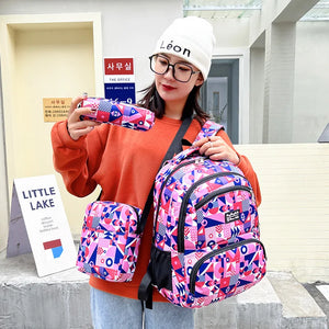 Teen Girls Boys School Backpack Set Large Capacity Geometry Printing Rucksack