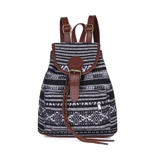 Canvas Ethnic Women's Backpack Drawstring Bucket Bag School Bag