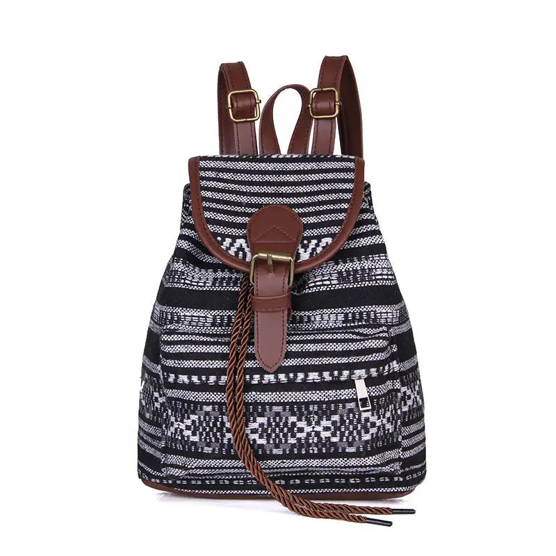 Canvas Ethnic Women's Backpack Drawstring Bucket Bag School Bag