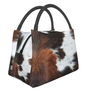 Highland Cow Cowhide Thermal Lunch Bag Insulated Animal Hide Leather Food Box