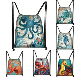 Seahorse Turtle Pattern drawstring bag women storage bag shopping...