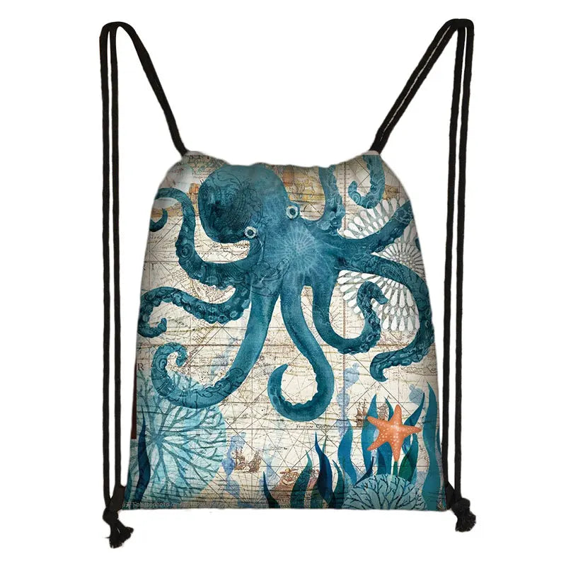 Seahorse Turtle Pattern drawstring bag women storage bag shopping...