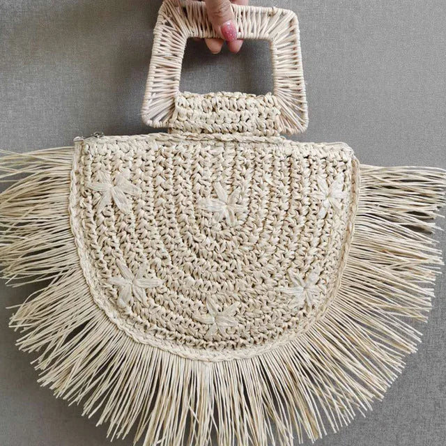 Flower Embroidery Bamboo Rattan Straw Bag Tassel Hand-woven Handbag