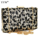 Leopard Sequin Box Clutch Bag Evening Party Crossbody Chain Vintage Crystal