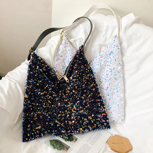Sequin Shoulder Tote Glitter Bag with Leather Straps