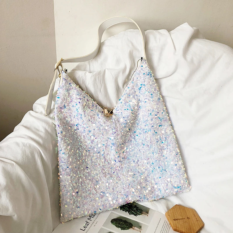 Sequin Shoulder Tote Glitter Bag with Leather Straps