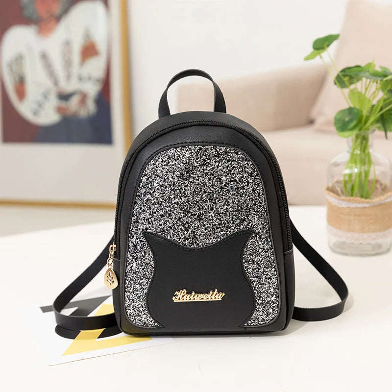 Sequin Women's Mini Backpack with Cat Decorative Messenger Shoulder Bag