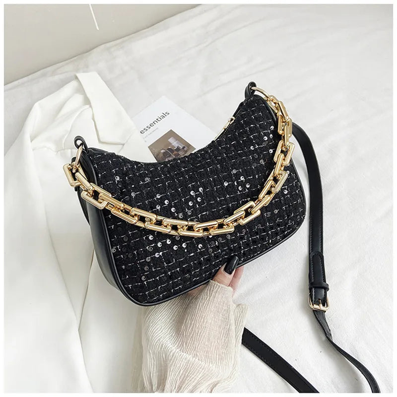 Sequined Crossbody Bag with Chain Strap for Women
