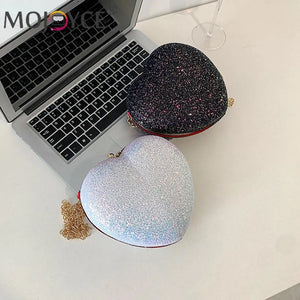 Sequins Heart-Shaped Messenger Bag Glitter Chain Crossbody Purse