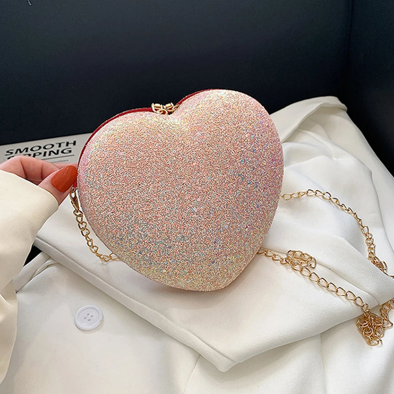 Sequins Heart-Shaped Messenger Bag Glitter Chain Crossbody Purse