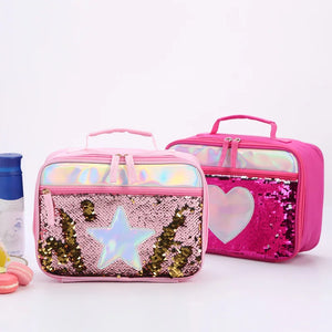 Kids Sequins Insulated Lunch Box Glitter Tote Bag Handbag