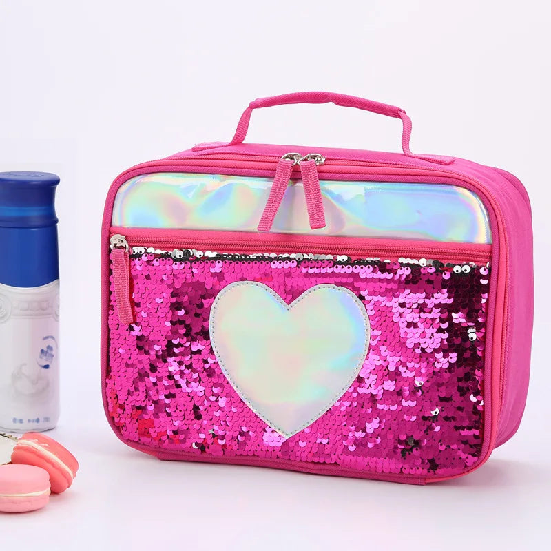 Kids Sequins Insulated Lunch Box Glitter Tote Bag Handbag