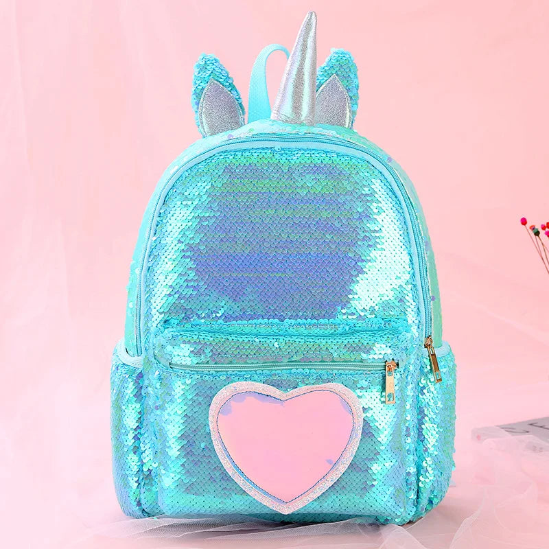Sequins Unicorn School Bags Girls Laser Pu Heart Patch Kids Backpack Bagpack