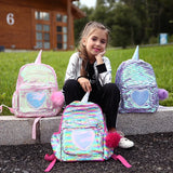 Sequins Unicorn School Bags Girls Laser Pu Heart Patch Kids Backpack Bagpack