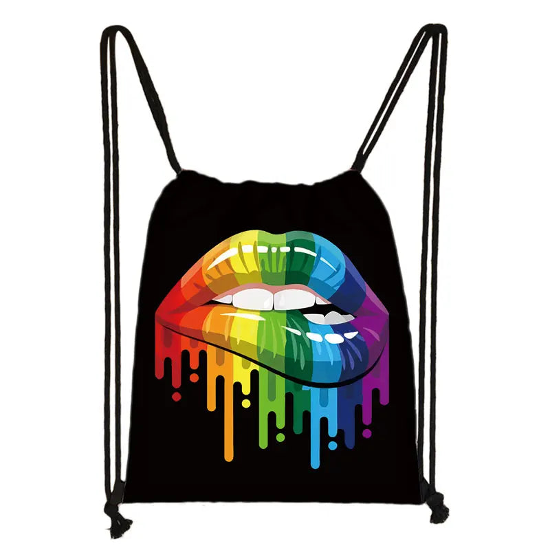 Butterfly Print Drawstring Bag with Sexy Red Lips, Foldable Backpack
