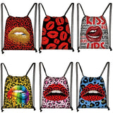 Butterfly Print Drawstring Bag with Sexy Red Lips, Foldable Backpack