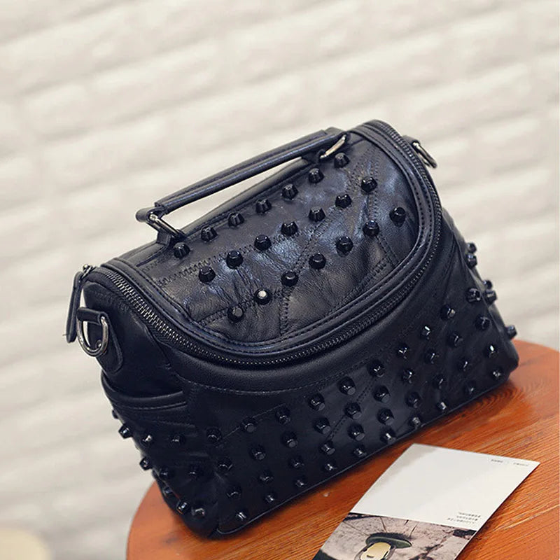 Sheepskin Leather Handbag Punk Style Rivets Messenger Crossbody Bag
