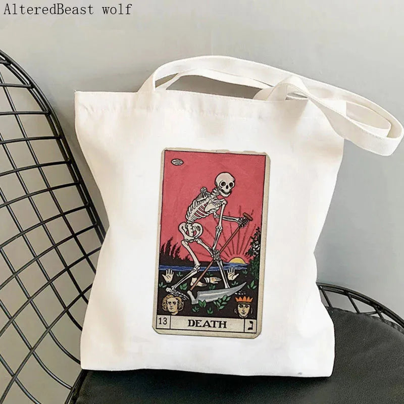 Death Tarot Skeleton Tote Bag Harajuku Shopper Handbag Lady Canvas Bag