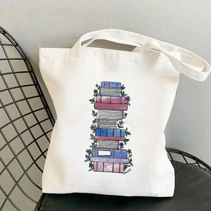 Flowery Books Cartoons Printed Tote Bag Canvas Shopper Handbag