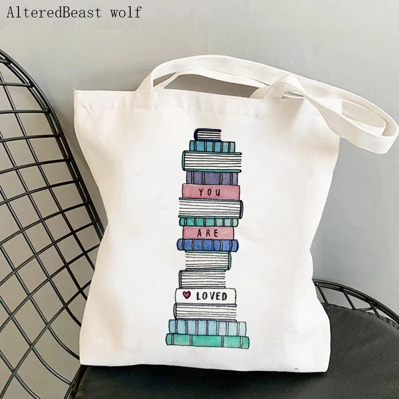 Flowery Books Cartoons Printed Tote Bag Canvas Shopper Handbag