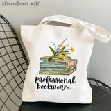 Flowery Books Cartoons Printed Tote Bag Canvas Shopper Handbag