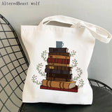 Flowery Books Cartoons Printed Tote Bag Canvas Shopper Handbag