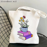 Flowery Books Cartoons Printed Tote Bag Canvas Shopper Handbag